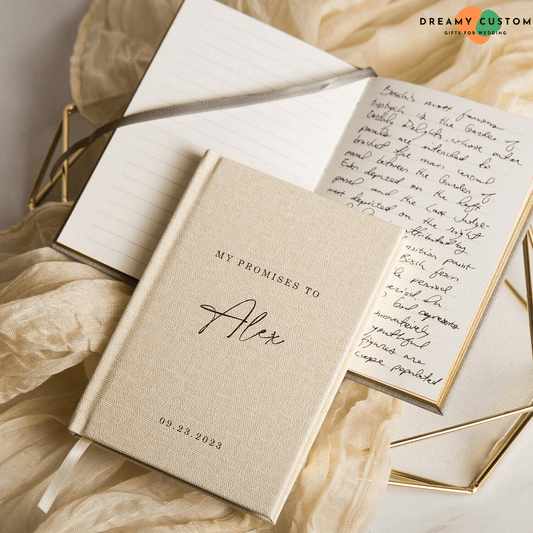 A beautifully crafted personalized vow book, perfect for capturing heartfelt wedding promises. Elegant linen cover with custom name and date, making it a cherished keepsake for couples on their special day.