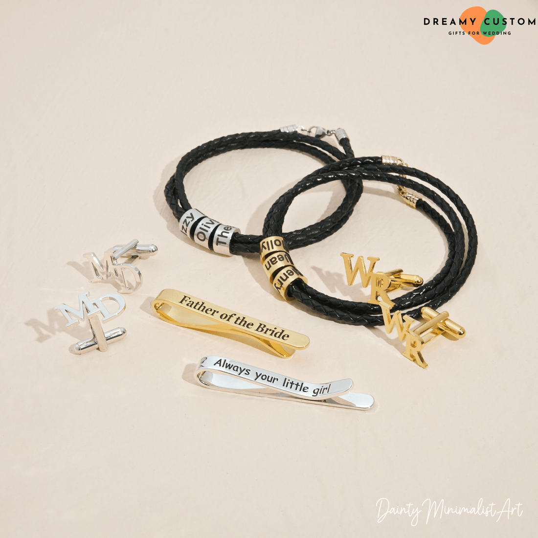 A collection of elegant personalized accessories, including engraved cufflinks, braided leather bracelets, and custom tie clips. Thoughtful and stylish keepsakes perfect for weddings and special occasions.
