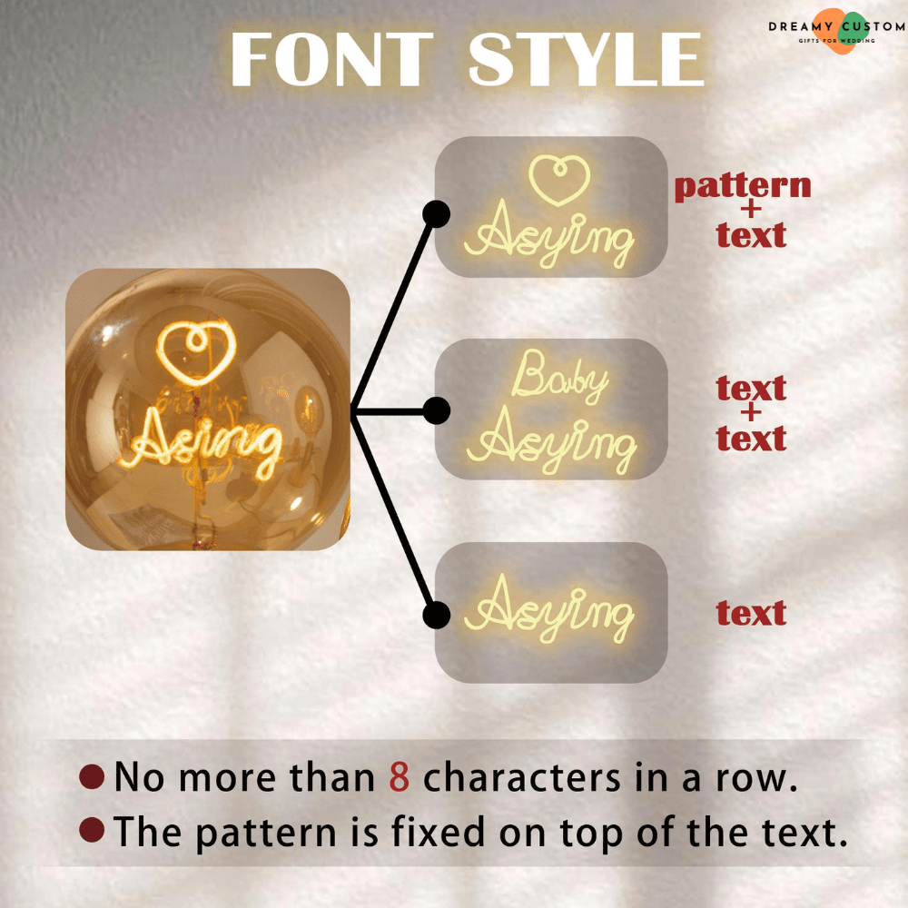 A guide to custom filament bulb font styles, offering pattern + text, text + text, or single text options. Personalize your decorative light with up to 8 characters for a unique and meaningful touch.