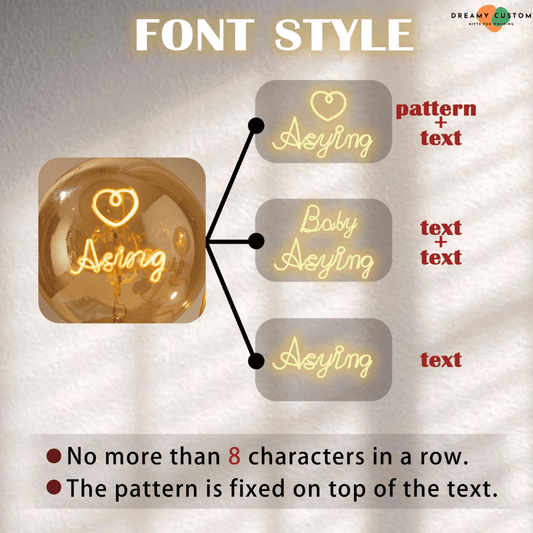 A guide to custom filament bulb font styles, offering pattern + text, text + text, or single text options. Personalize your decorative light with up to 8 characters for a unique and meaningful touch.