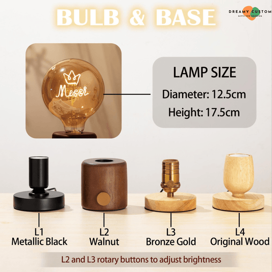 An elegant custom filament bulb with four stylish base options—Metallic Black, Walnut, Bronze Gold, and Original Wood. A unique decorative gift, perfect for anniversaries, weddings, and personalized home décor.