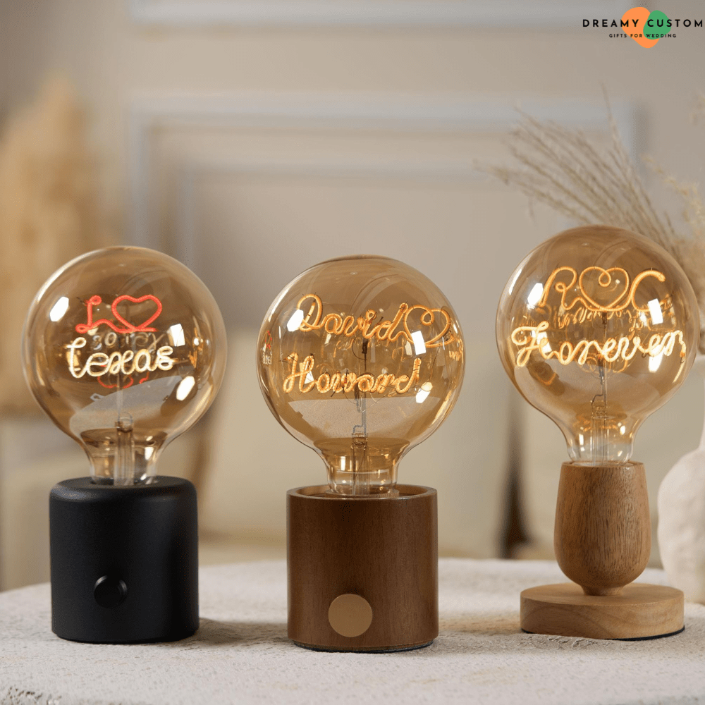 Unique personalized filament light bulbs with custom text, creating a warm and romantic glow. A perfect decorative gift for weddings, anniversaries, or heartfelt moments that shine forever.