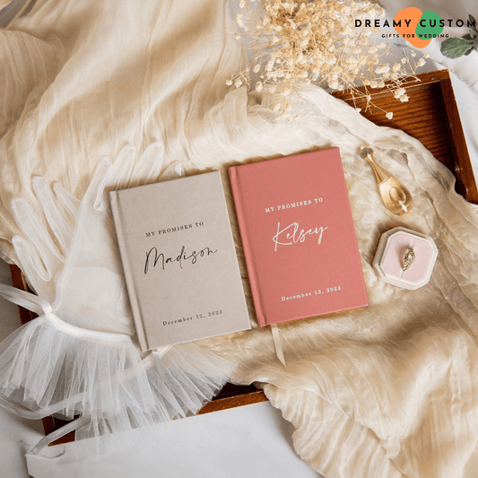 Elegant personalized vow books in soft neutral and blush tones, perfect for capturing heartfelt wedding promises. A timeless keepsake, beautifully crafted for couples to cherish their special vows forever.