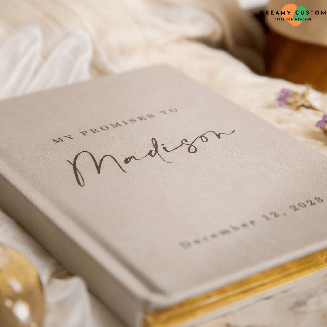 A beautifully crafted personalized vow book with elegant script, perfect for capturing heartfelt wedding promises. A timeless keepsake to cherish forever, making every vow even more meaningful.