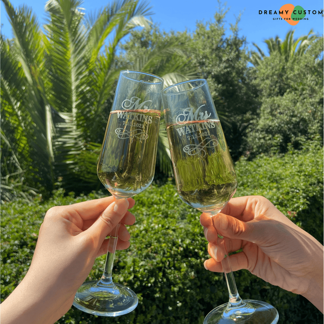 Celebrate your special day with these personalized champagne flutes, engraved with your names and wedding date. A perfect keepsake for your wedding day, adding elegance to your celebration.