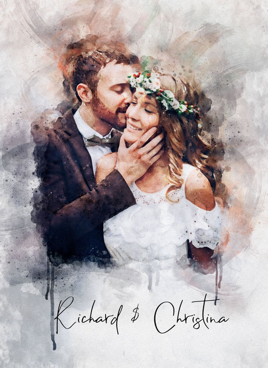 This custom watercolor painting captures a romantic moment between a couple, with soft brushstrokes and vibrant colors. Perfect for celebrating love, it's a timeless keepsake for weddings or anniversaries.
