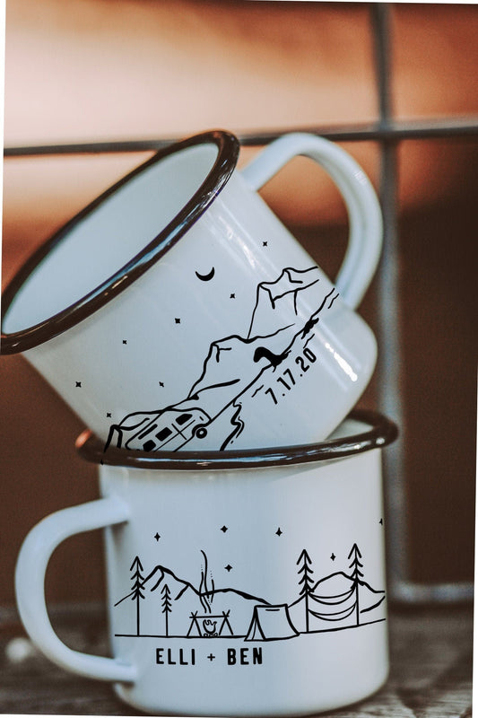 Personalized enamel mugs featuring mountain and campsite scenes with names and wedding date—perfect keepsakes for adventurous couples who love the outdoors. A meaningful wedding or anniversary gift.