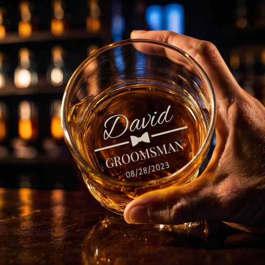 This image shows a custom engraved glass with the name "David," a "Groomsman" label, and a bowtie graphic, all dated "08/28/2023." The glass contains whiskey and is being held by a hand in a cozy, elegant bar setting.