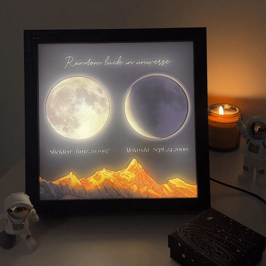 This custom moon lamp beautifully displays moon phases with names and dates, set against a mountain backdrop. It’s an ideal gift to celebrate special moments, illuminated with a warm, cozy light.