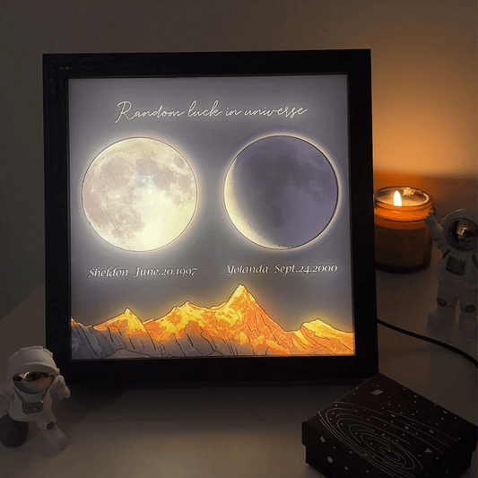 This custom moon lamp beautifully displays moon phases with names and dates, set against a mountain backdrop. It’s an ideal gift to celebrate special moments, illuminated with a warm, cozy light.