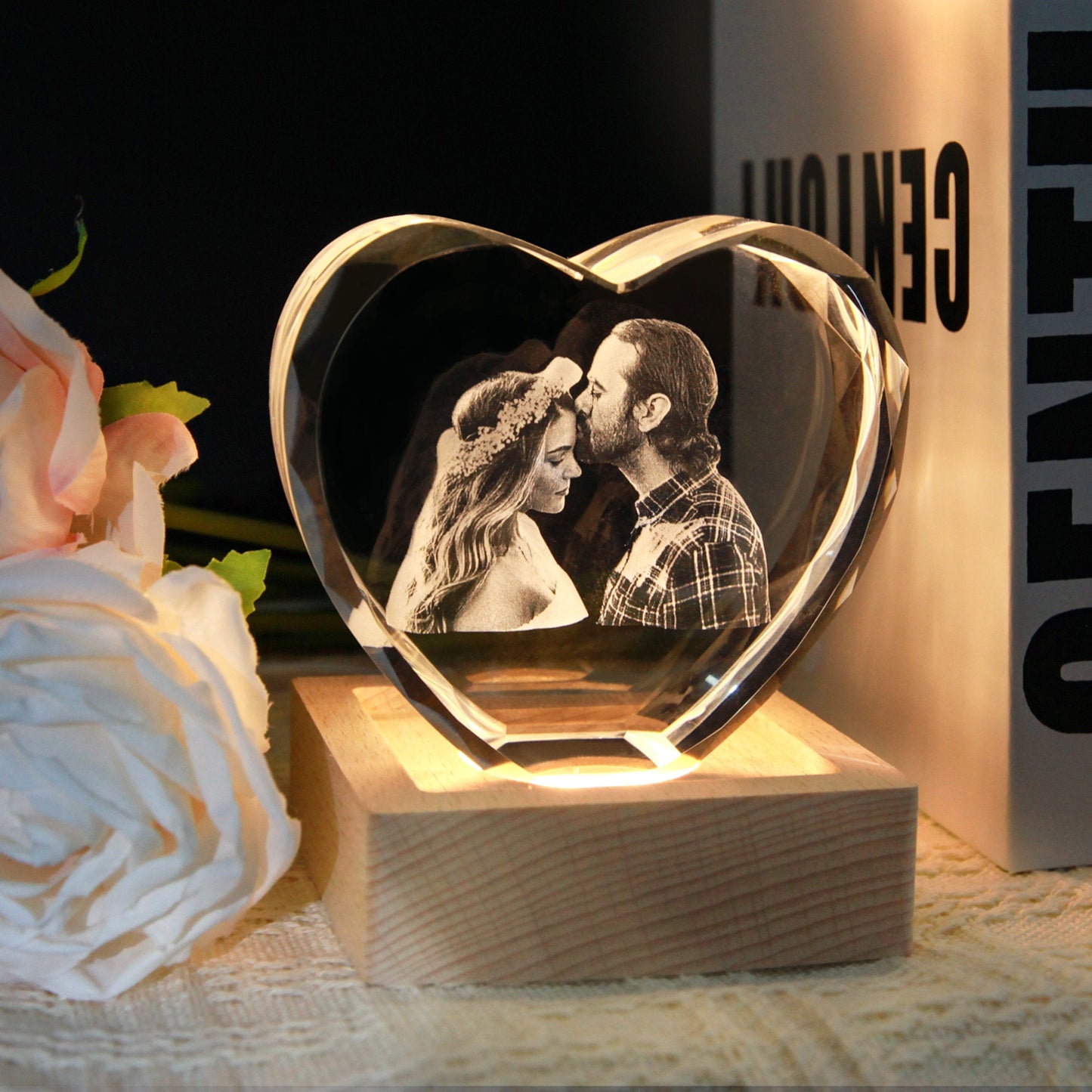 Heart-shaped 3D crystal photo cube featuring a wedding couple, perfect for personalized gifts.