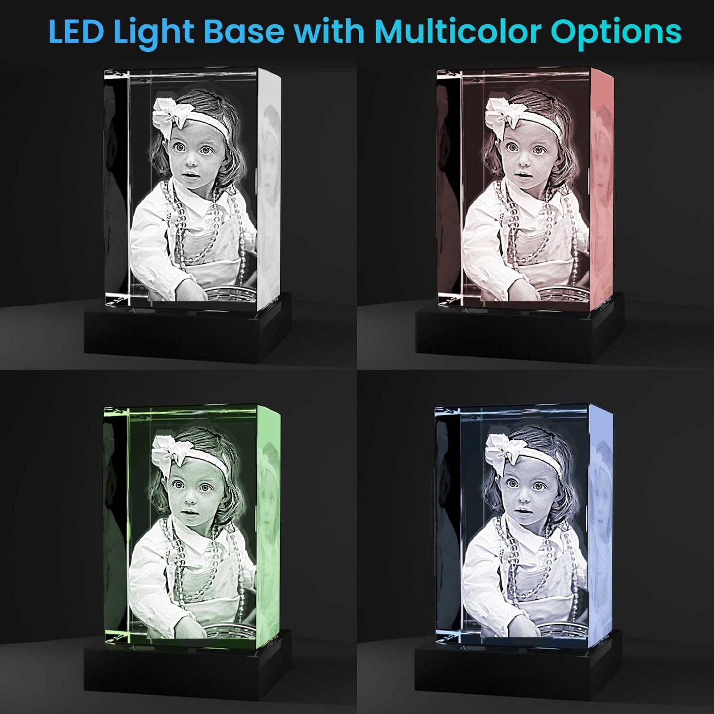 3D crystal photo cube with customizable LED light options in multiple colors.