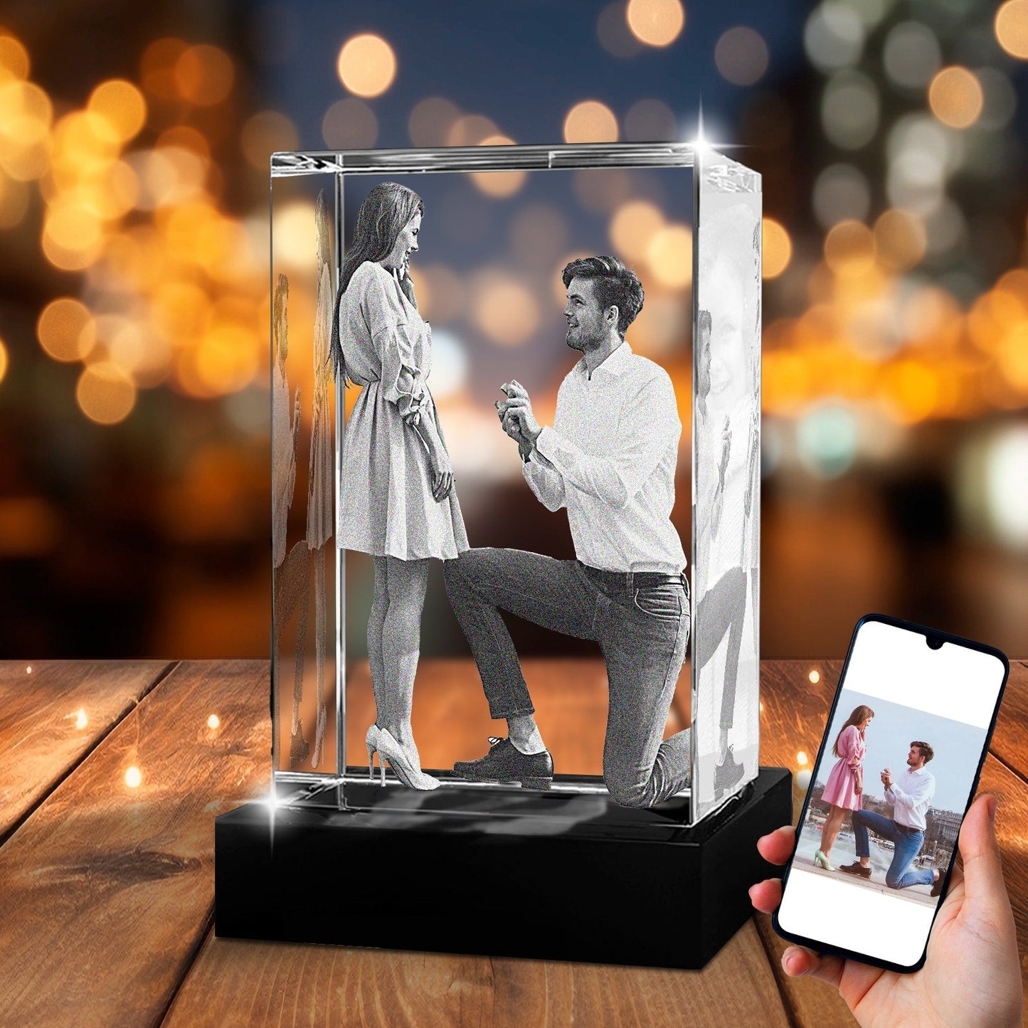 Romantic 3D crystal photo cube with a proposal scene, ideal for engagement gifts.