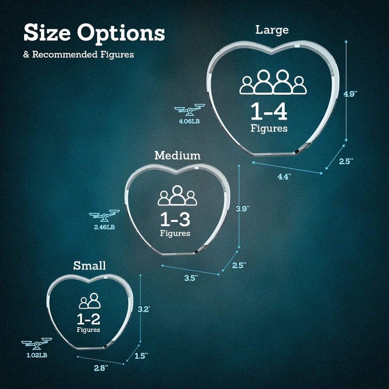 Size options for heart-shaped 3D crystal photo cubes with figure recommendations.