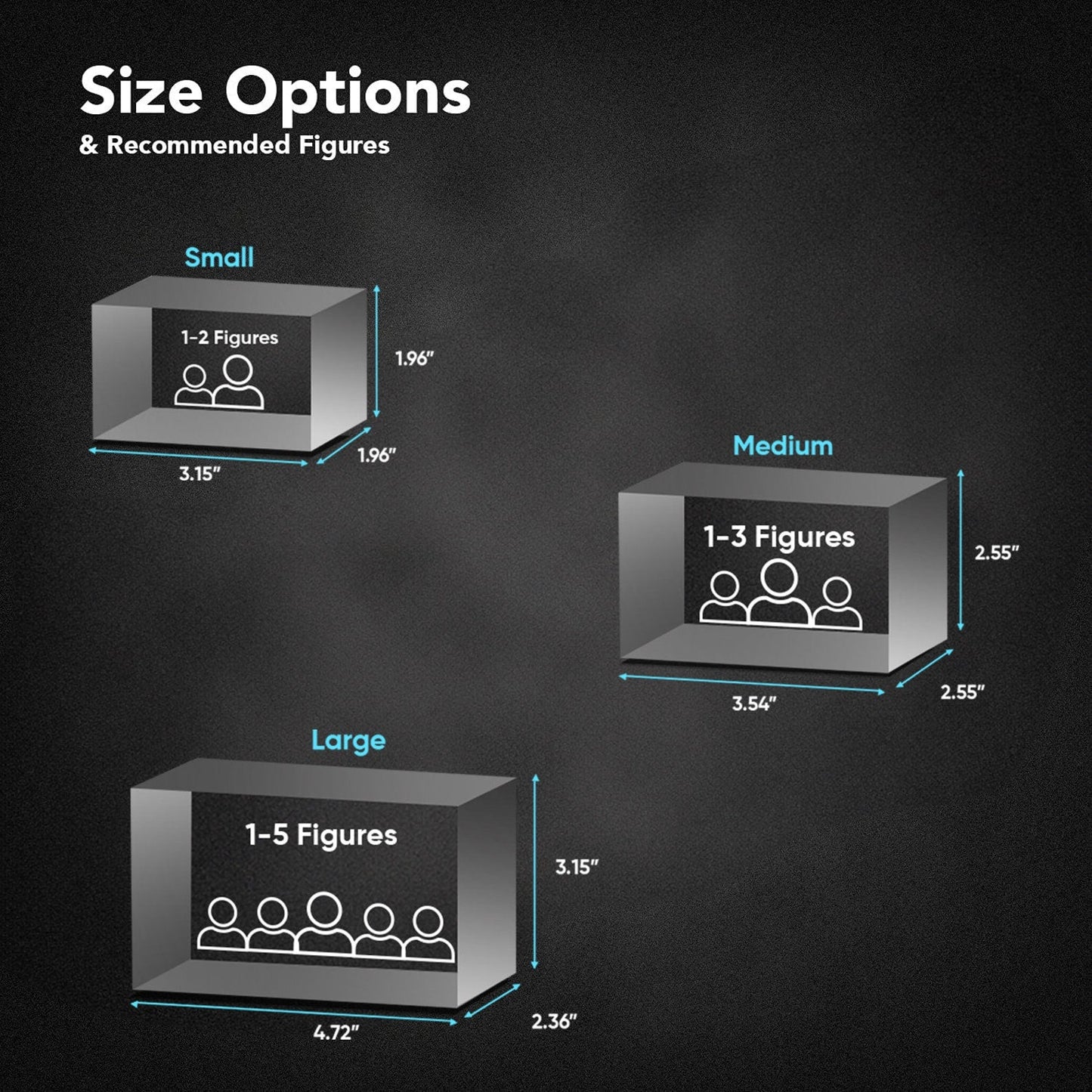 Horizontal style 3D crystal photo cube size guide with recommended figures.