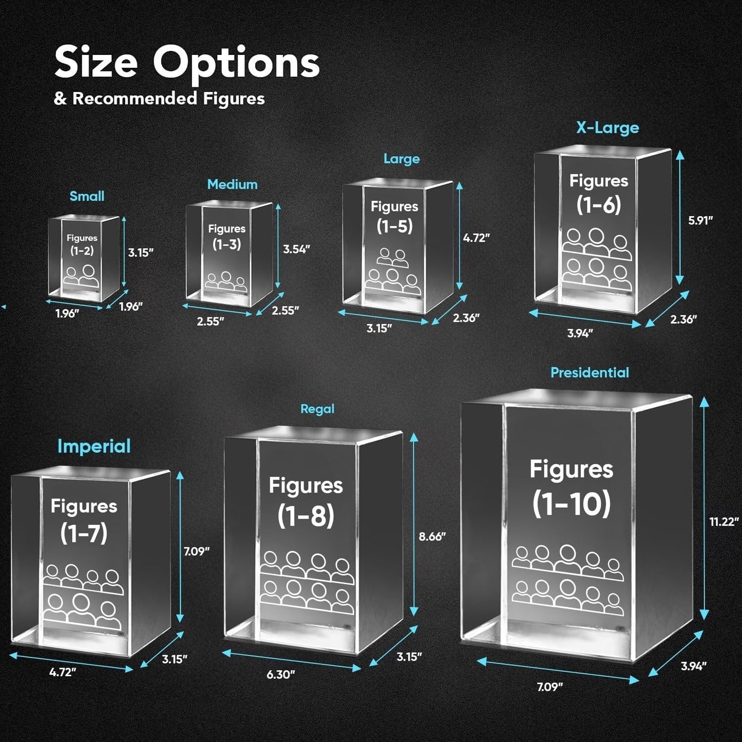Vertical style 3D crystal photo cube size guide for various figure counts.