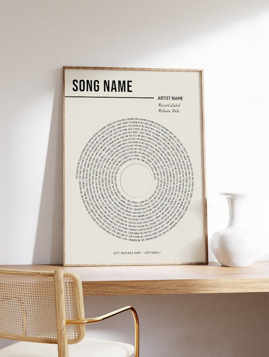 Personalized song art print with classic design featuring song lyrics in circular formation, perfect for music lovers.