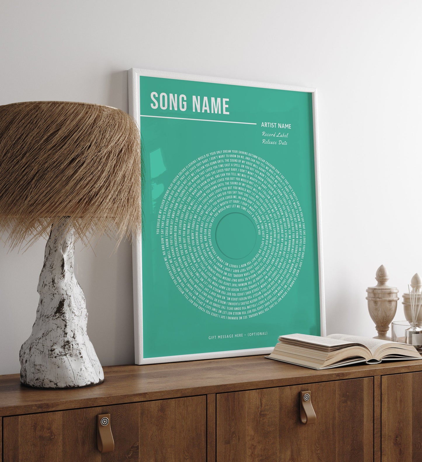 Teal custom song art print, a unique gift idea for music enthusiasts, featuring customizable artist and song details.