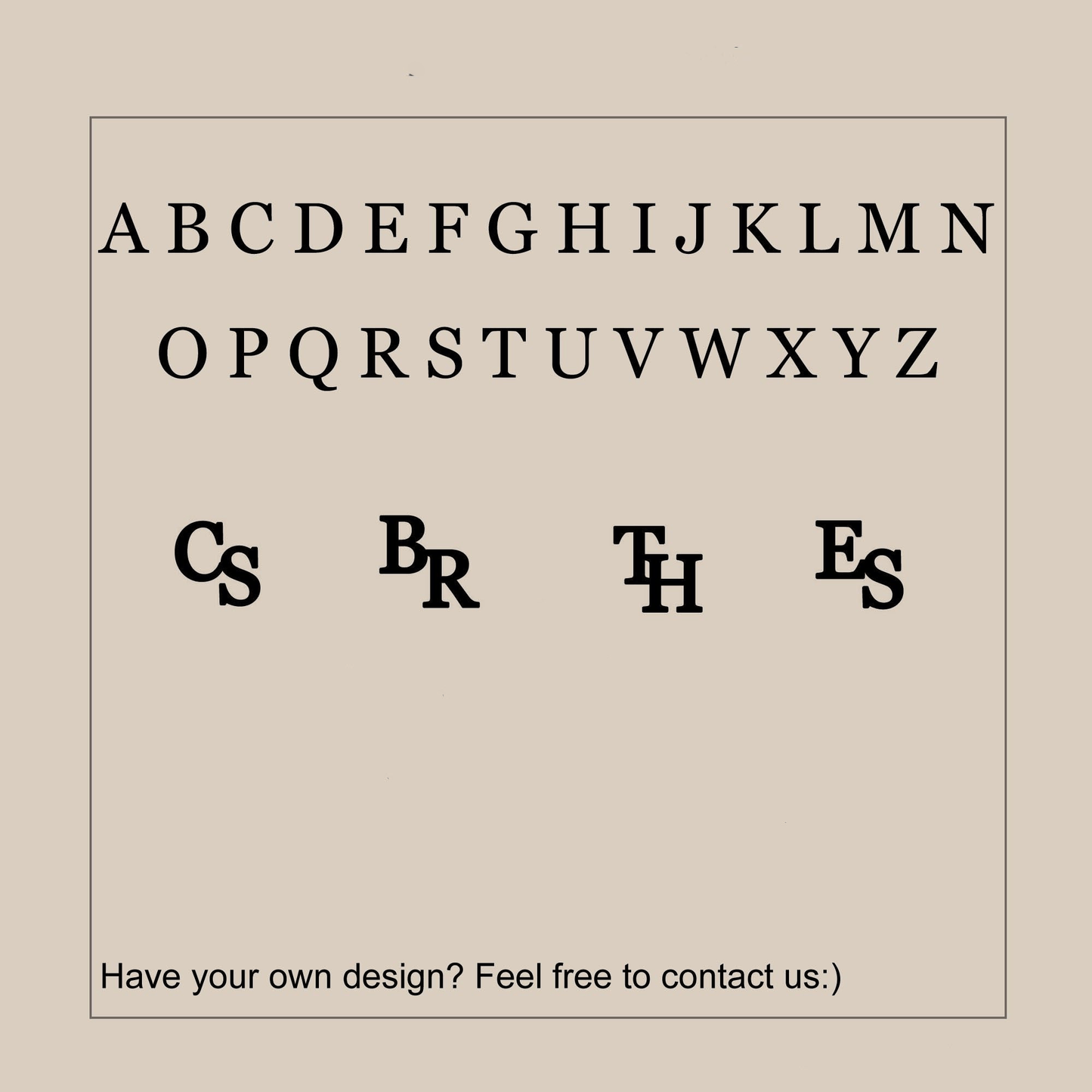 Alphabet letters for custom initial cufflinks selection guide.