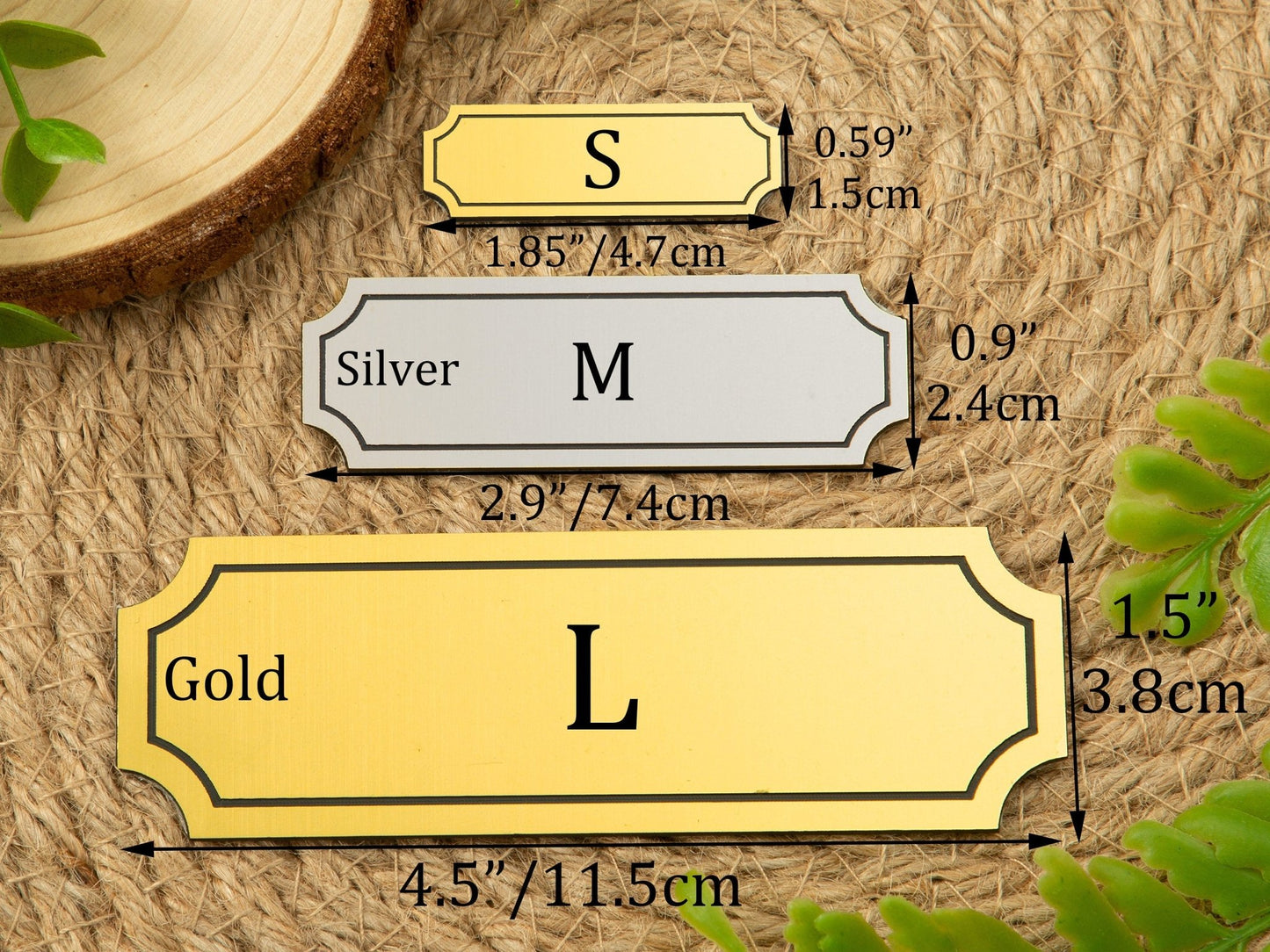 Custom brass plates available in silver and gold finishes with detailed size measurements for personalized engravings.