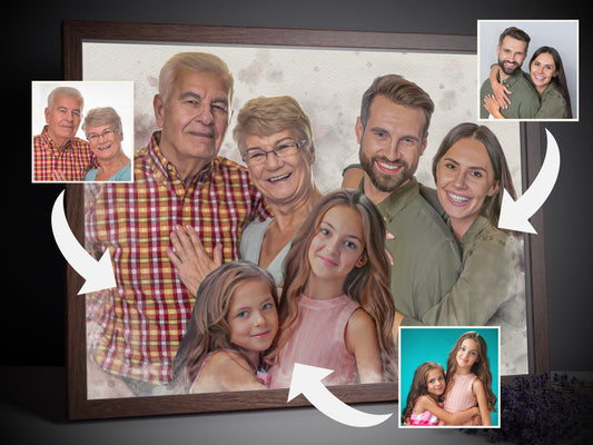 Custom family portrait created by combining individual family member photos into one artistic piece.