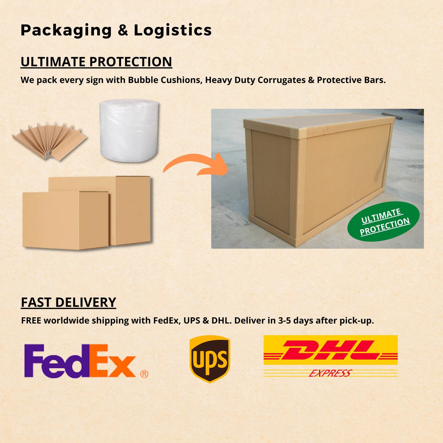 Secure packaging and shipping details for wedding neon signs, featuring protective materials and safe delivery options.