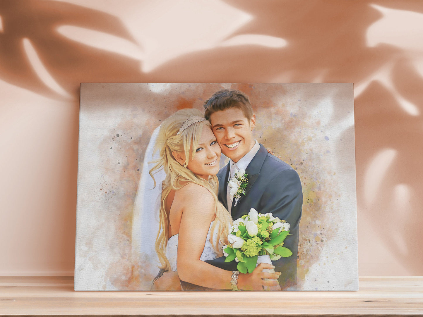 Custom wedding canvas wall art featuring a smiling bride and groom with soft background tones.