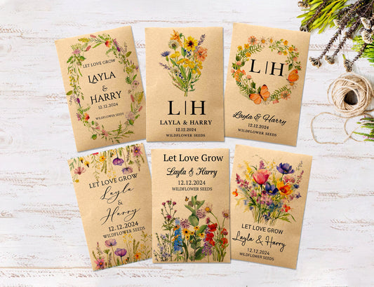 Custom wildflower seed packet wedding favor for Layla & Harry, featuring floral artwork and wedding date 12.12.2024.