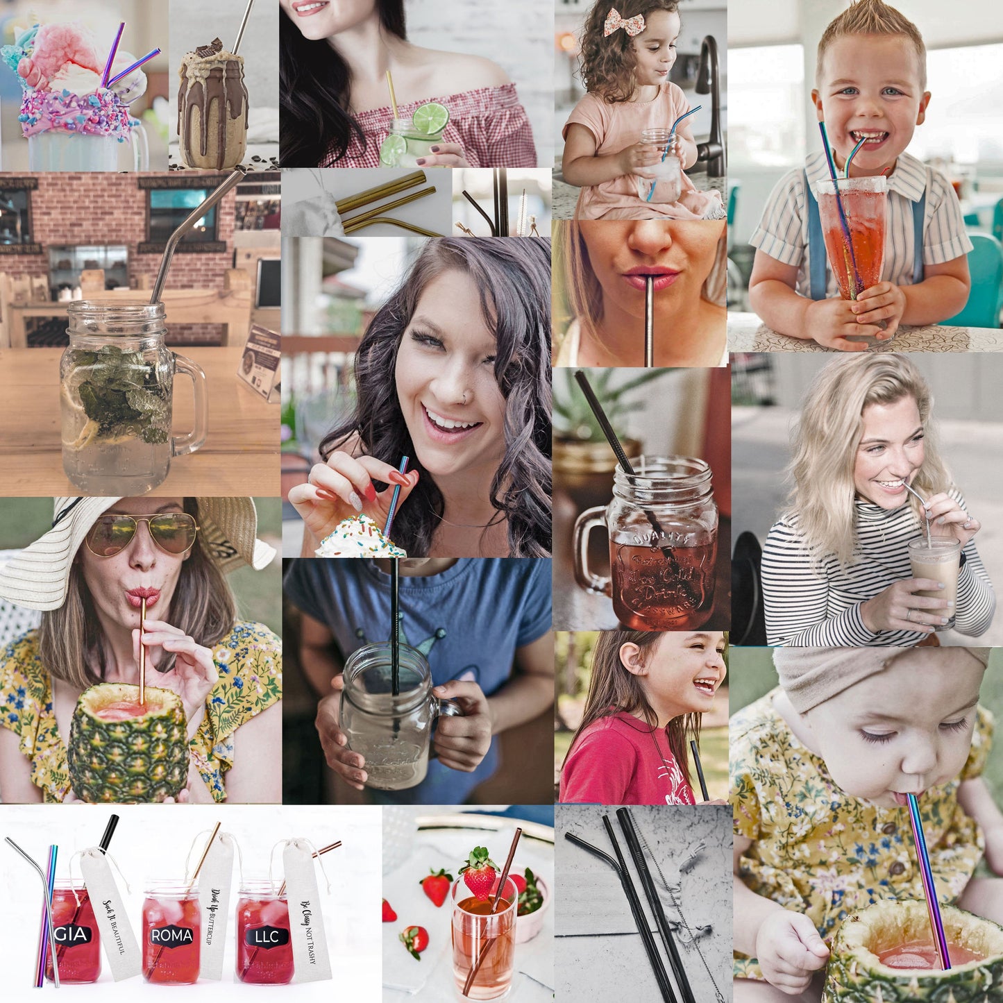 Collage of people using personalized metal straws in various drinks and settings