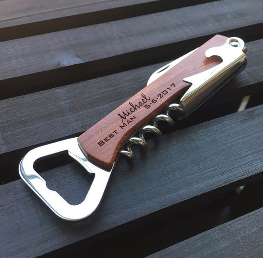Personalized wooden bottle opener engraved with the name "Michael" and "Best Man 5-6-2017" – perfect gift for groomsmen or wedding parties.