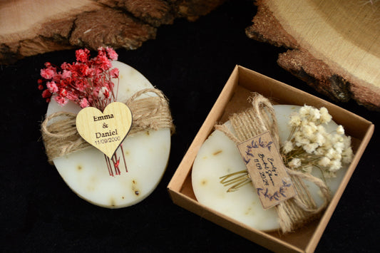 Soap wedding favor with red flower decoration, packaged in a box with Emma and Daniel wooden tag, dated 11/09/2000