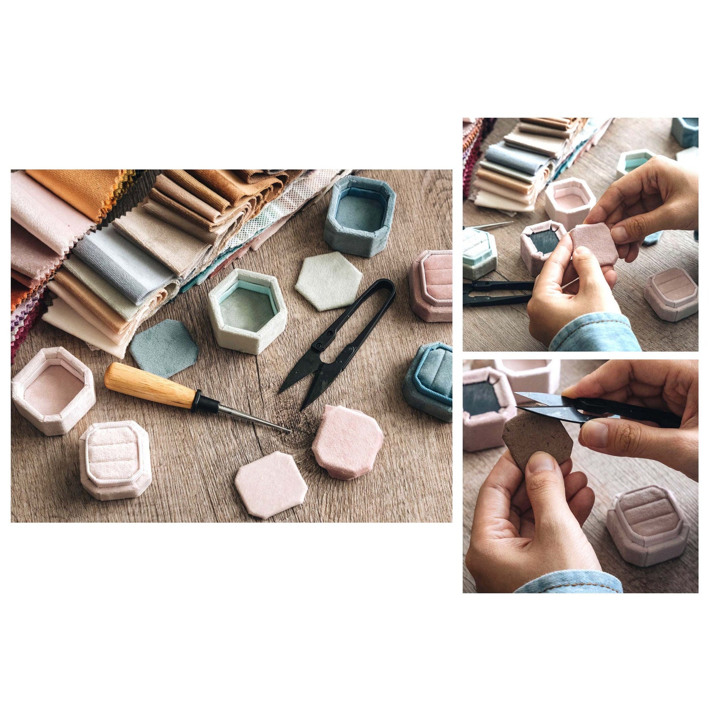 Artisan creating velvet ring boxes with attention to detail.
