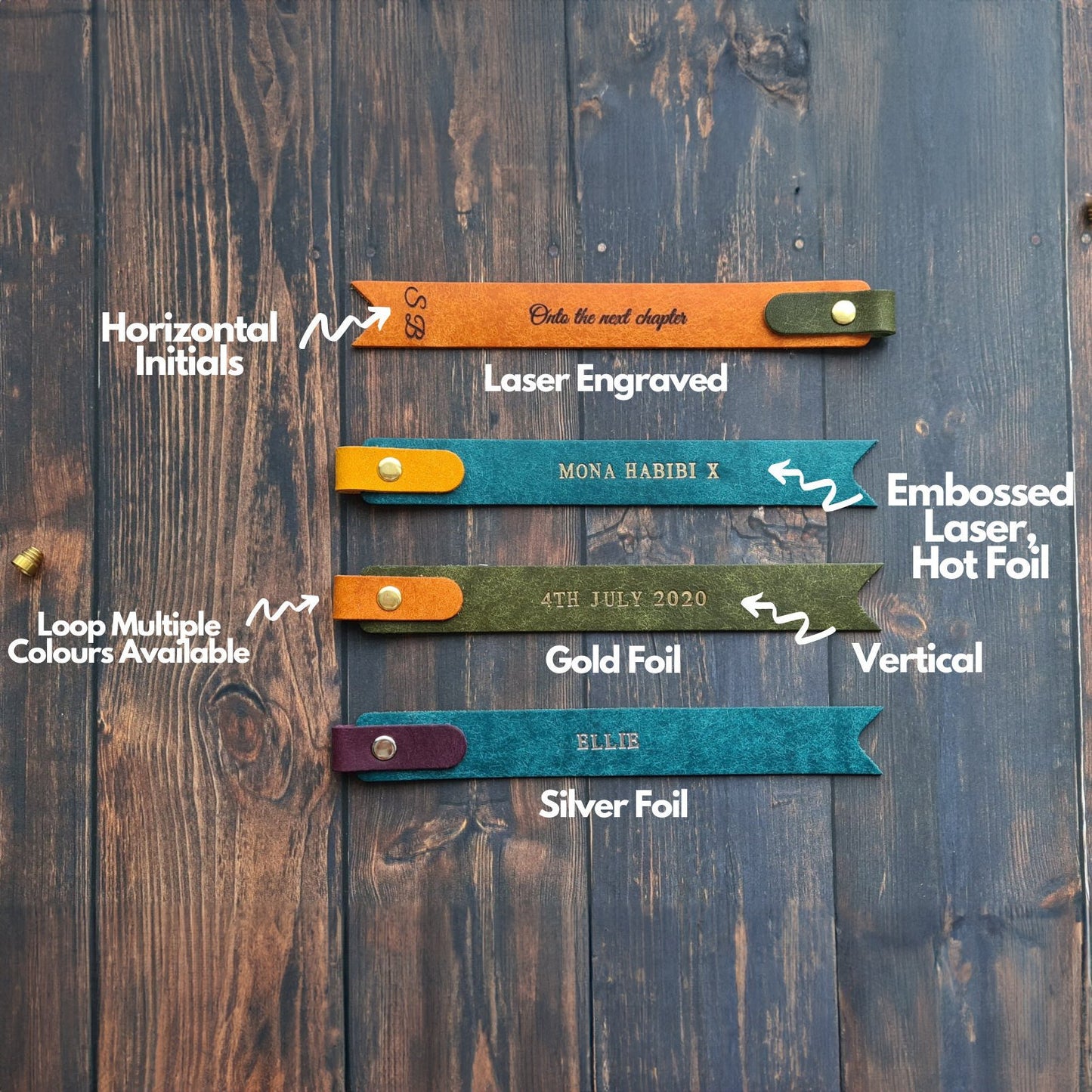 Various design options for custom leather bookmarks, including foil and engraved text.