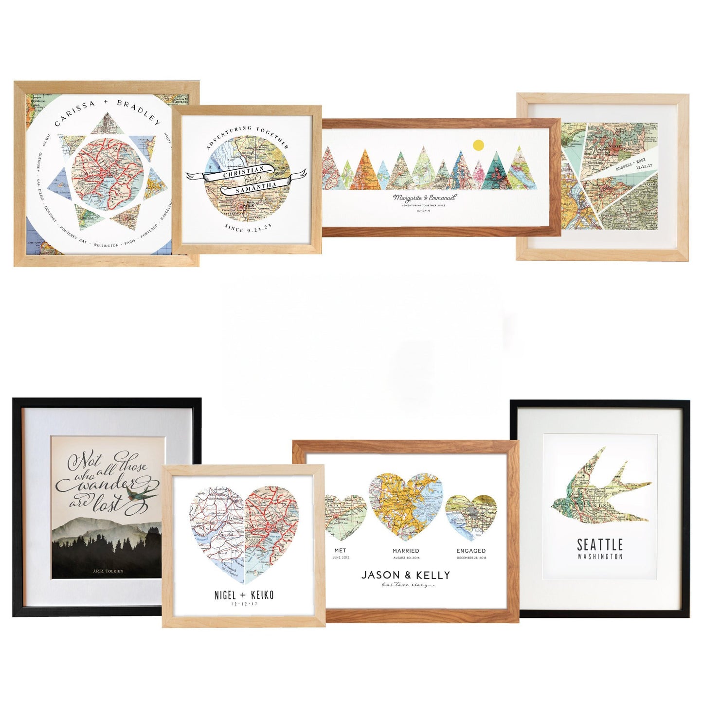 Assorted framed map wall art with Bible verses