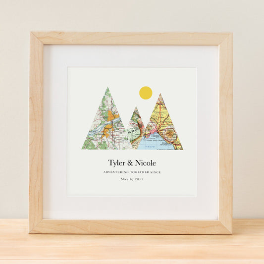 Personalized Bible verse wall art featuring Tyler & Nicole with mountain design