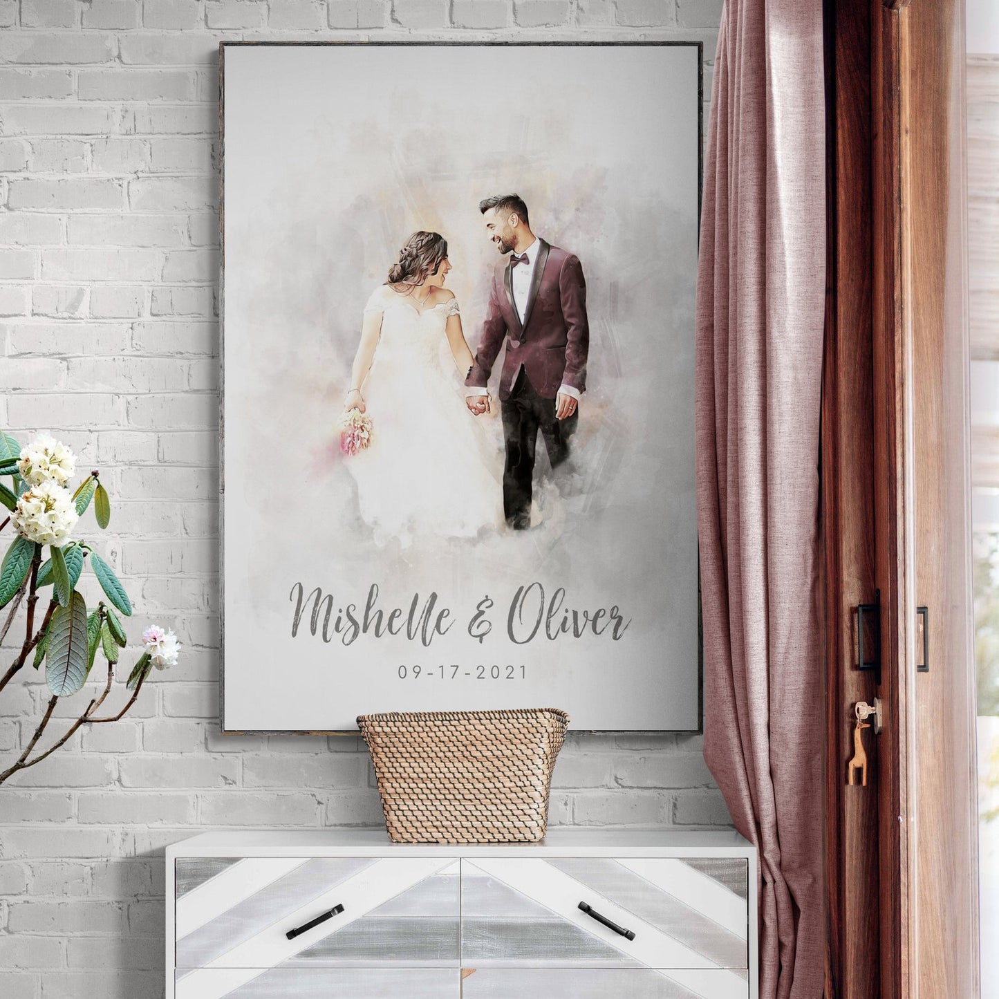 Custom wedding portrait framed canvas hanging on a bedroom wall, adding a romantic touch.