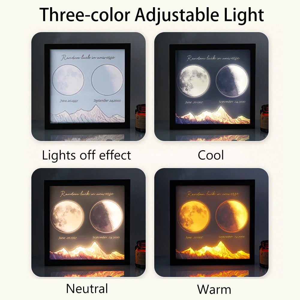Three-color adjustable lighting options for the custom moon phase frame.