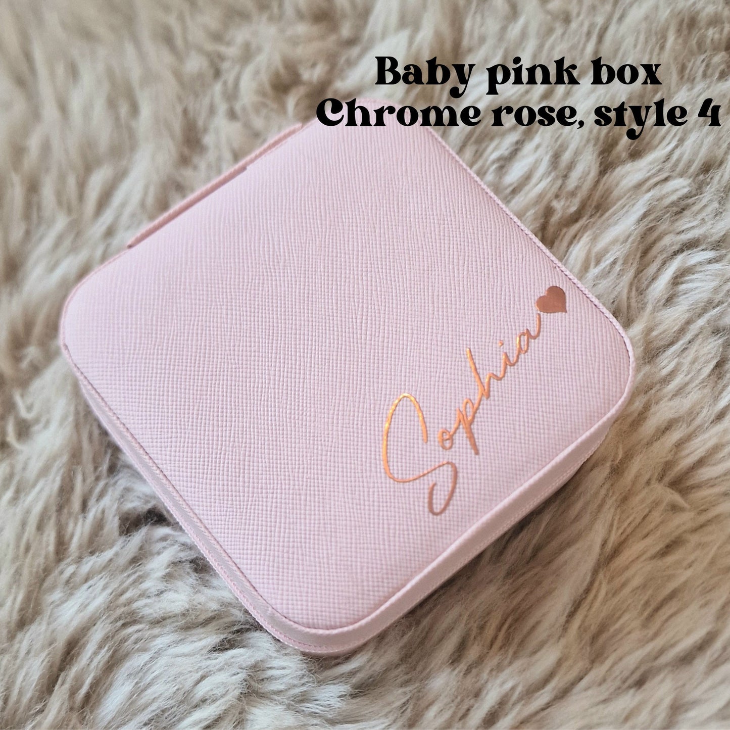 Baby pink custom ring box with chrome rose text personalization.