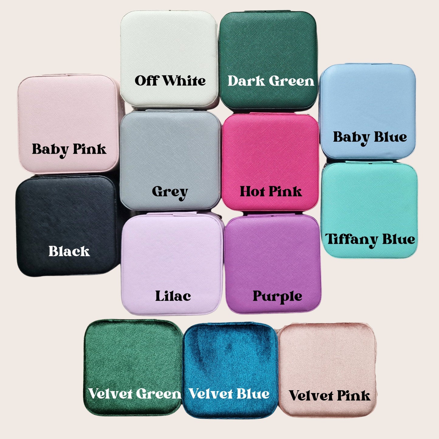 13 stylish color options for personalized custom ring boxes.