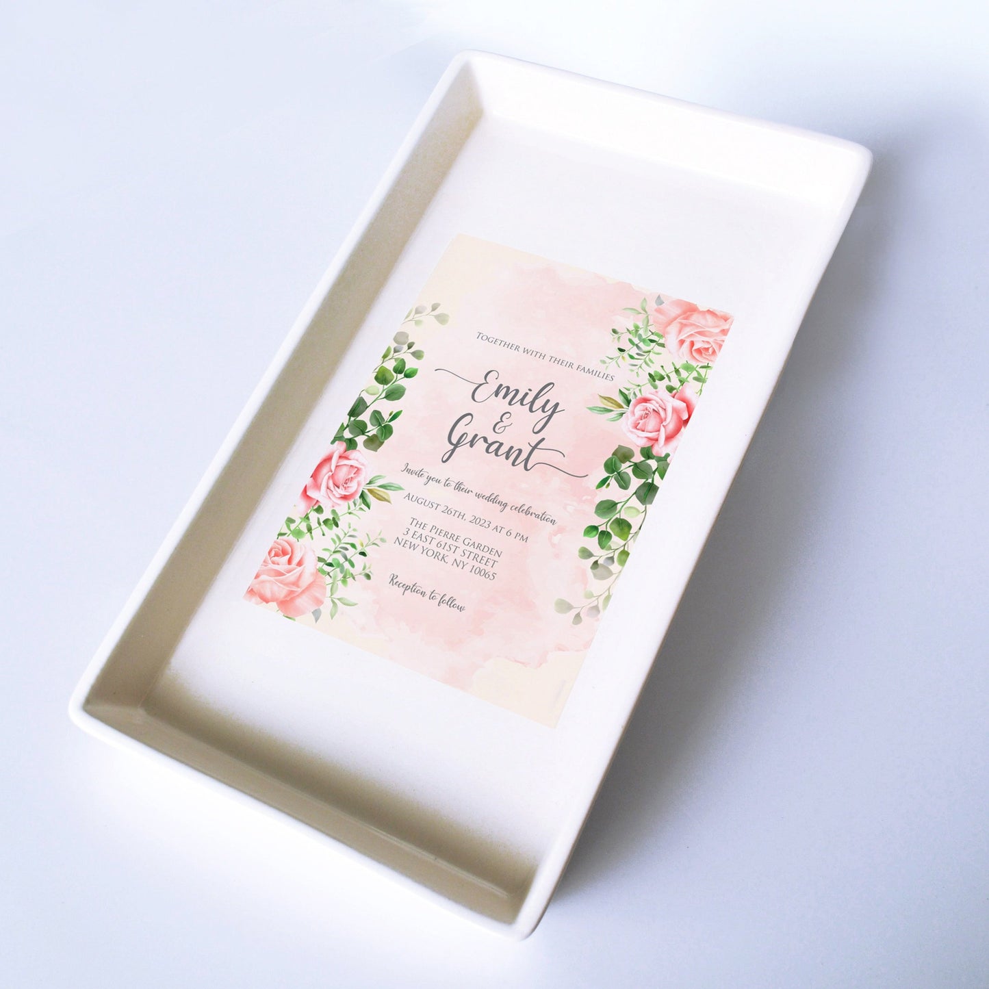 Custom wedding dessert tray with pink and green floral pattern