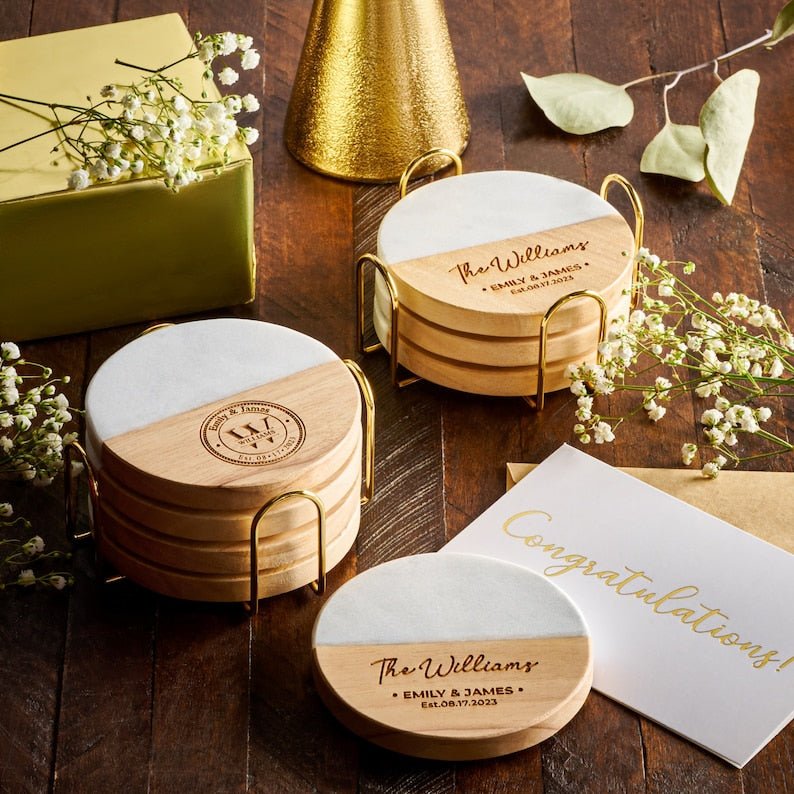 Engraved marble and wood coasters in gold holder, custom wedding gift set.
