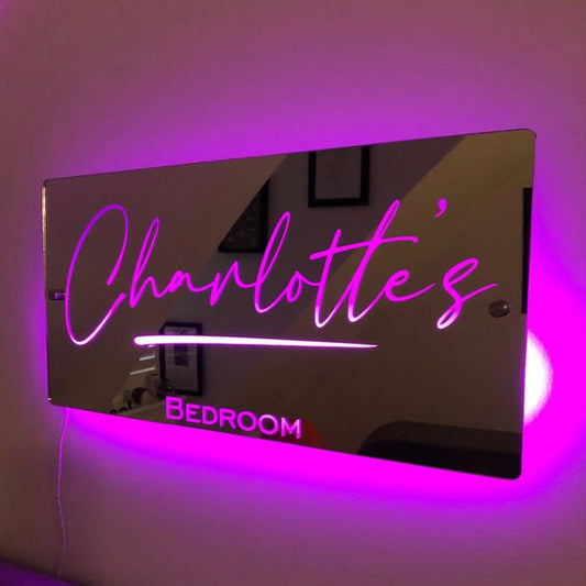 Personalized name mirror with LED lighting – "Charlotte's" bedroom sign.