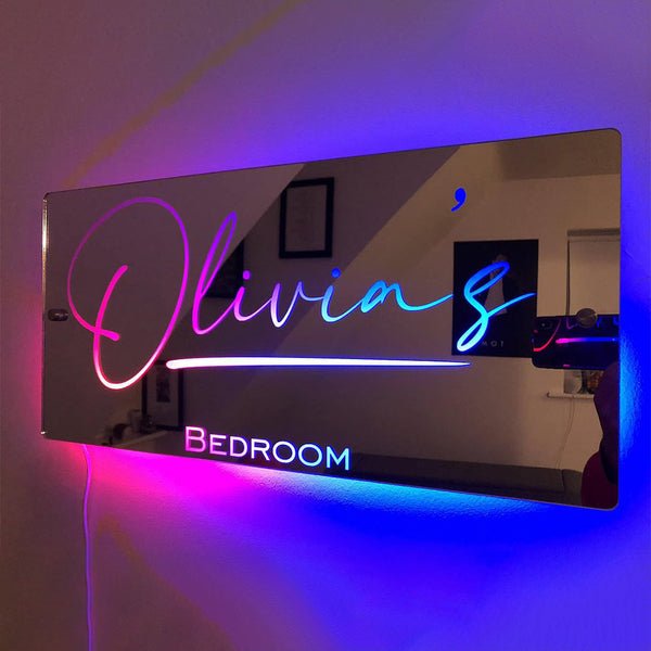 Personalized name mirror with LED lighting – "Olivia's" bedroom sign.