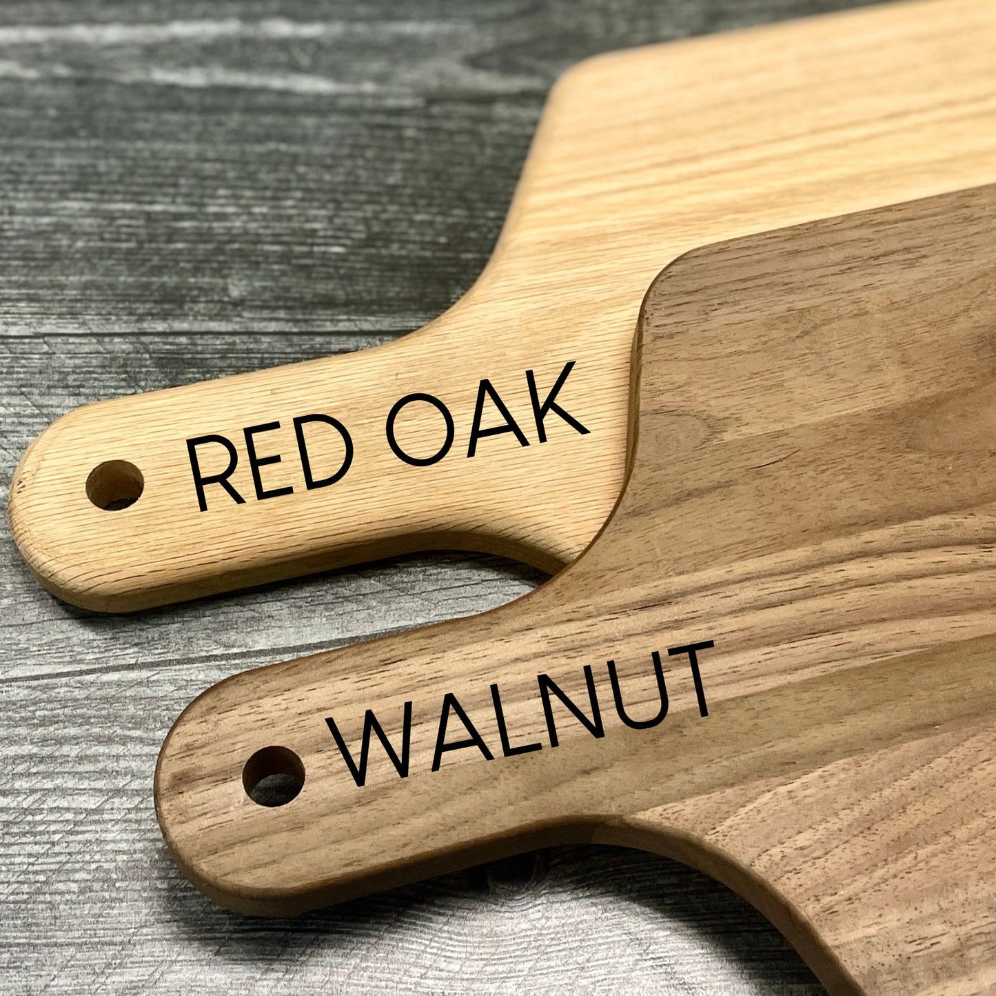 Walnut and Red Oak cutting boards showing wood options for personalized charcuterie boards.