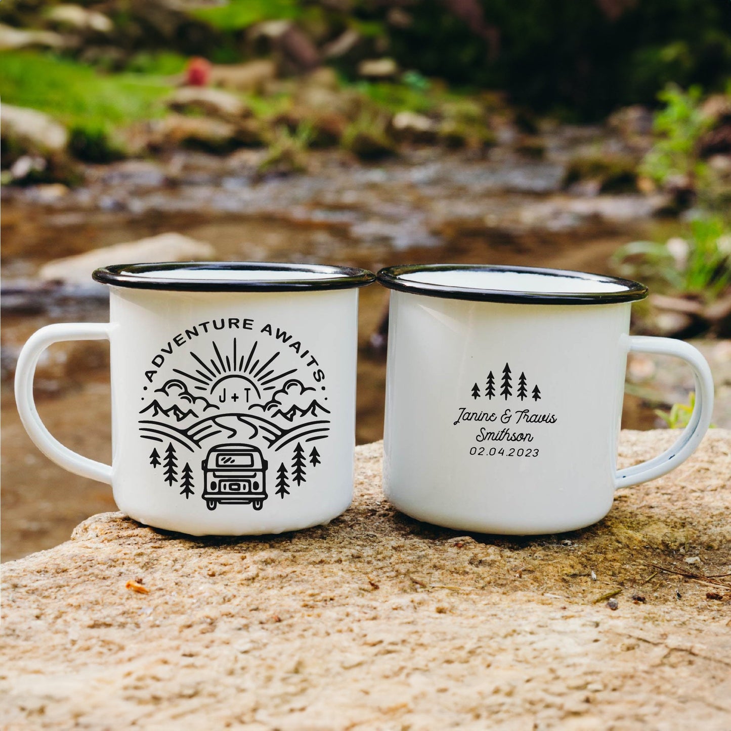 Mr. and Mrs. custom enamel camping mugs with nature-inspired design – thoughtful wedding gift