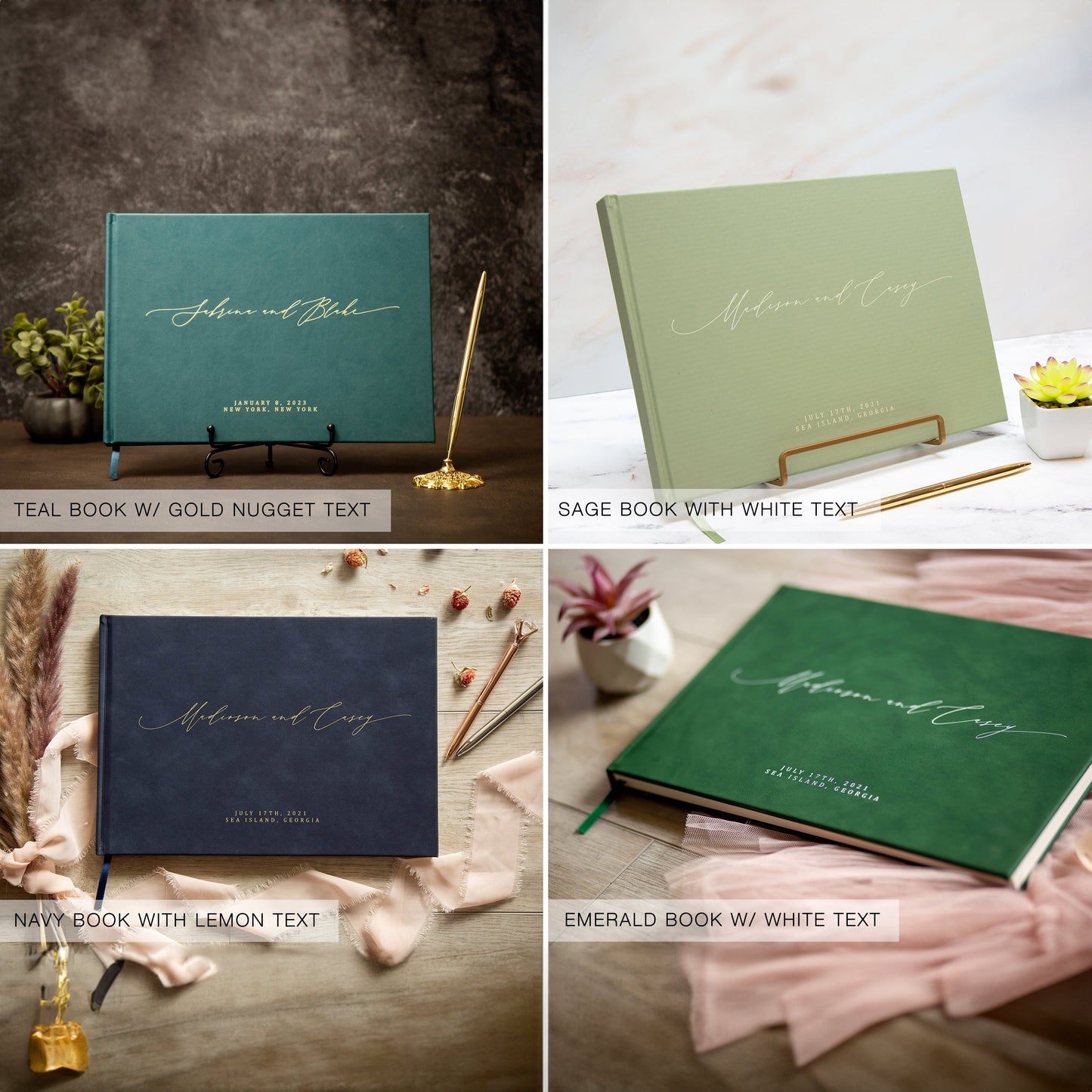 Forest green and navy blue personalized guest books with gold and white text options