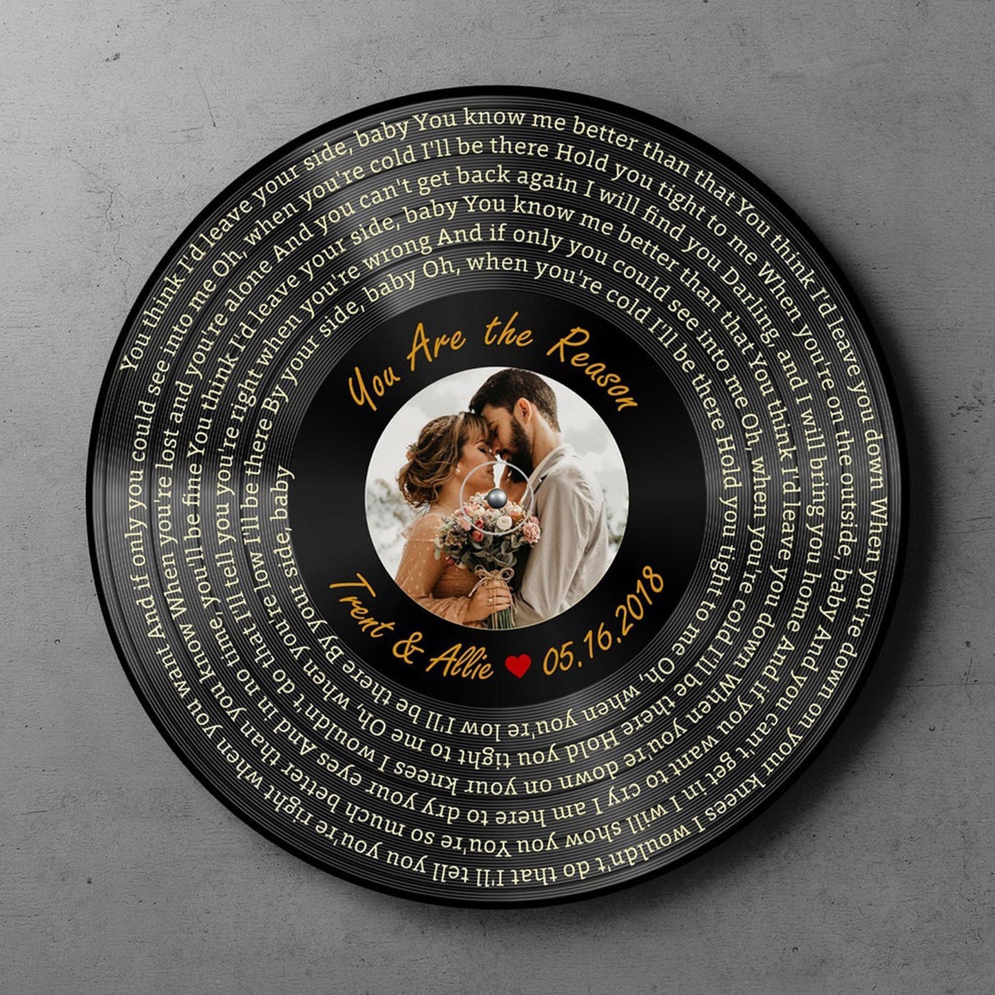 Close-up view of custom song plaque with detailed song lyrics. Ideal personalized music gift.