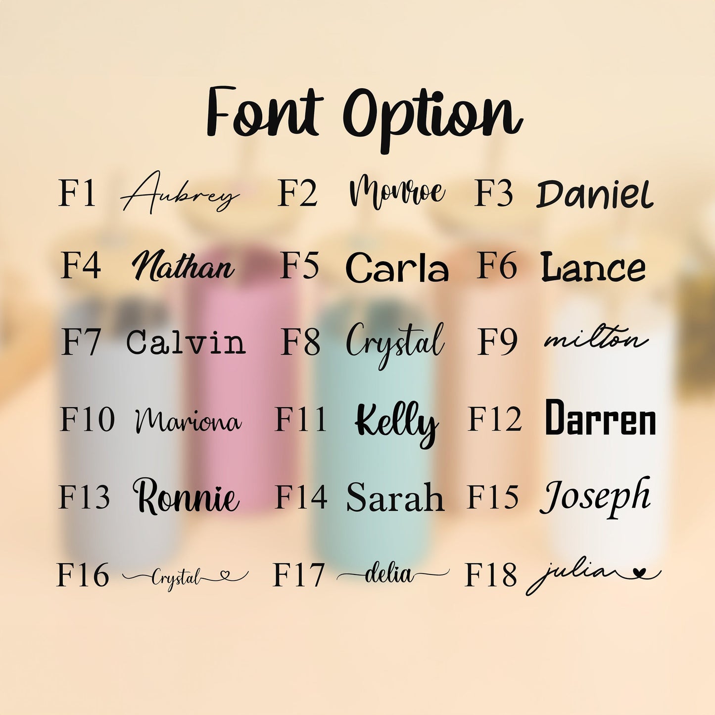 Font options for custom tumbler glass personalization.