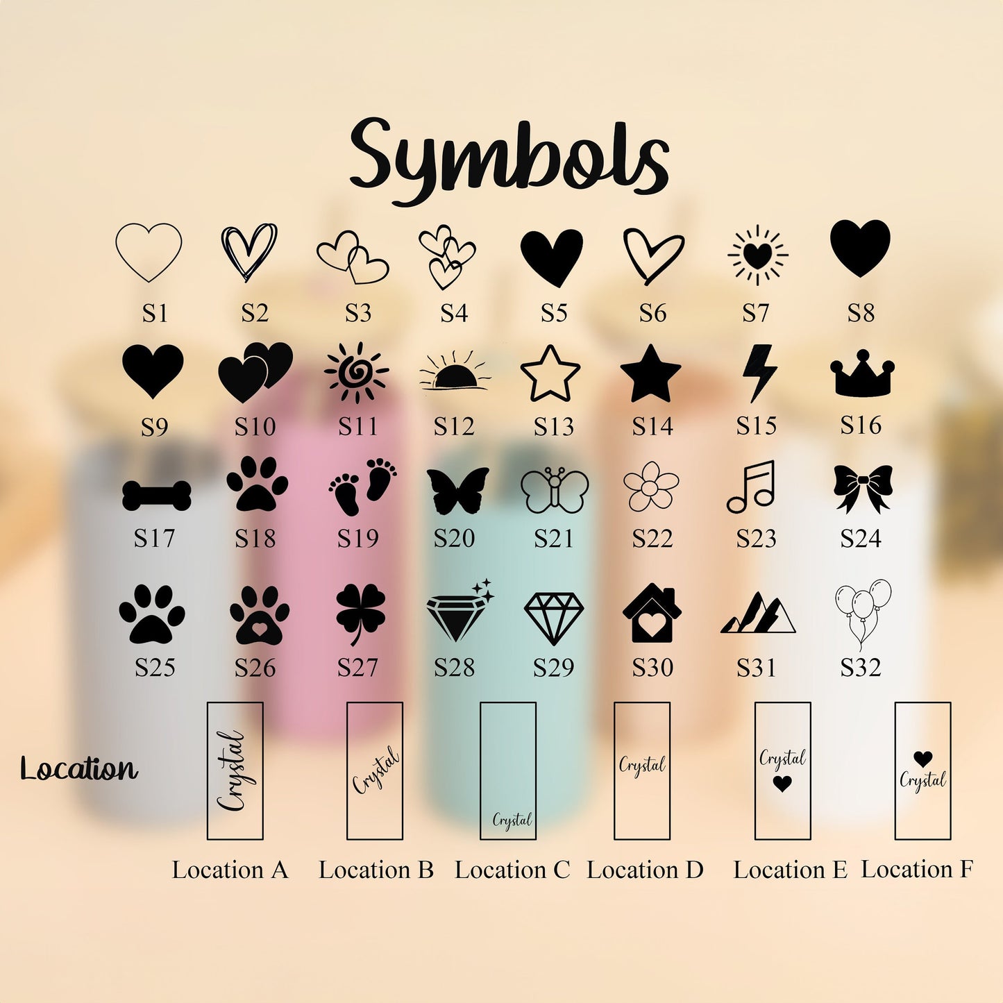 Symbol selection for engraved glass tumbler customization.