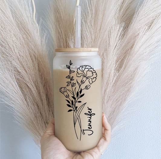 Personalized tumbler with straw featuring a floral design and custom name "Jennifer"